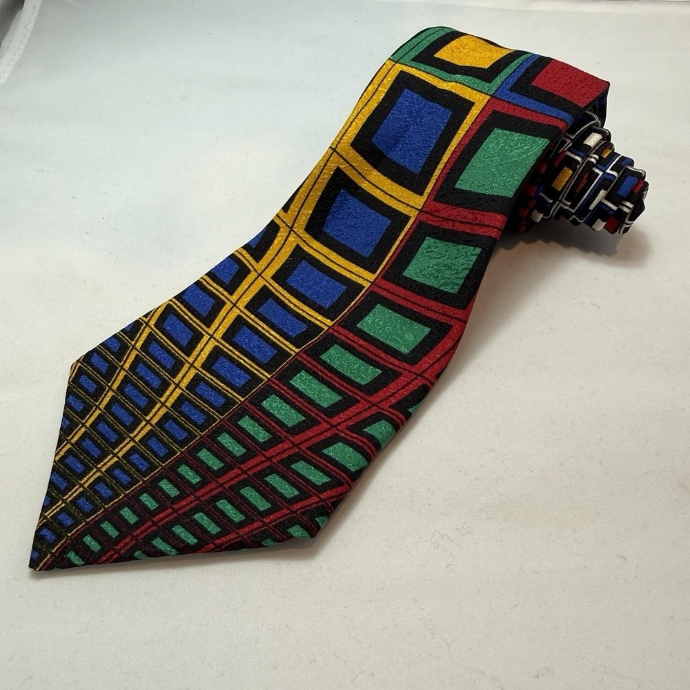 Vtg Gianni Versace Silk Tie Bold Novelty Geometric Purple Blue Green Pink 80/90s